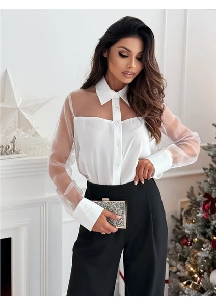 Kadın Uzun Kollu Yakalı Önden Düğmeli Tül Detaylı Dokuma Viskon Bluz