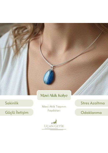 Mavi Akik Doğal Taş Kolye - Paslanmaz Çelik Zincirli, Enerji Veren Şifa Taşı