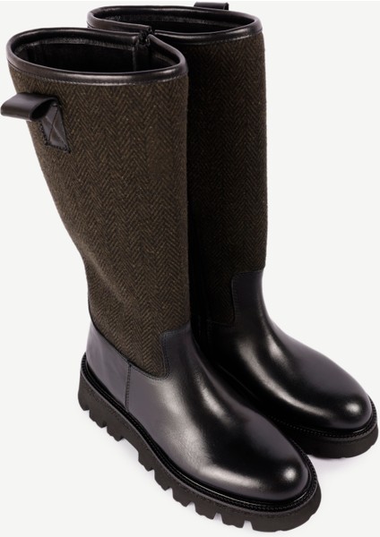 Kumaş Detaylı Deri Uzun Bot