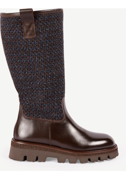 Kumaş Detaylı Deri Uzun Bot