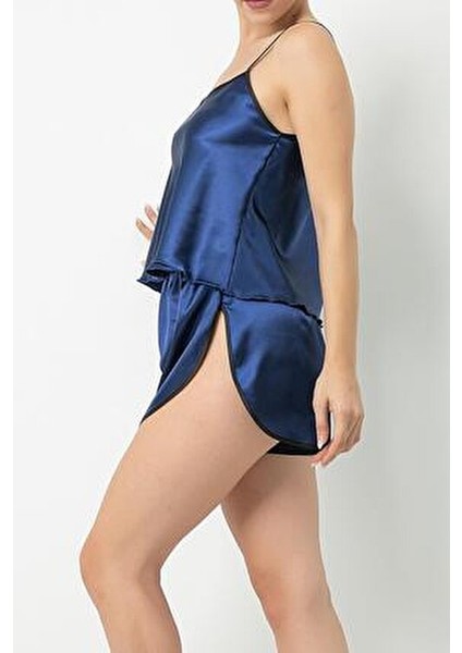 Saten Askılı Şortlu Takım Lacivert