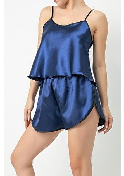 Saten Askılı Şortlu Takım Lacivert