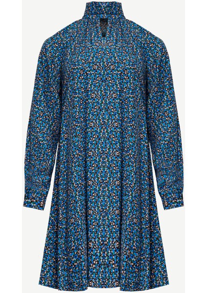 Yakası Pliseli Uzun Balon Kollu Kısa Elbise