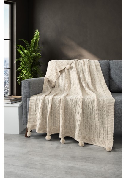 Ponponlu Triko Örme Tv Battaniyesi–Örgü Koltuk & Omuz Şalı & Diz Battaniyesi–130x170 cm-Koyu Krem