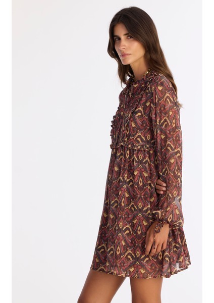 Bol Boyundan Bağlamalı Yaka Uzun Kol Elbise