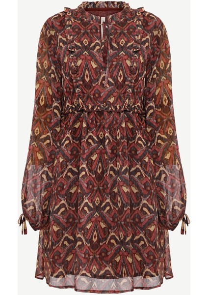 Bol Boyundan Bağlamalı Yaka Uzun Kol Elbise