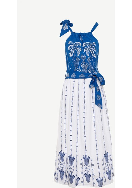 Nakış Detaylı Kemerli Kolsuz Uzun Elbise