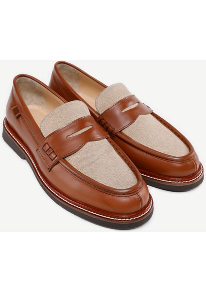 Kanvas Detaylı Deri Loafer
