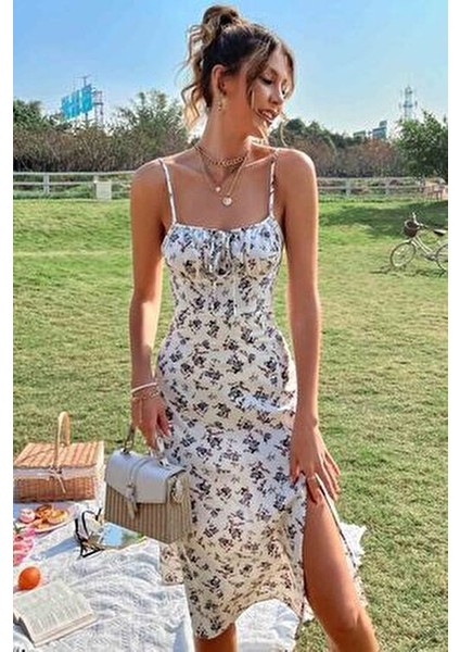 Çiçek Desenli Midi Elbise Kadın Askılı Yırtmaçlı Şık Tasarım Çok Renkli