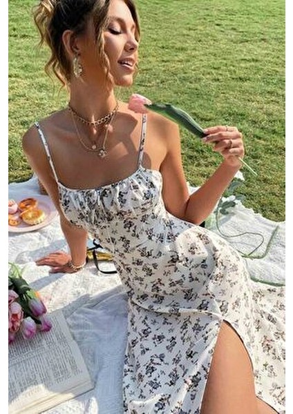 Çiçek Desenli Midi Elbise Kadın Askılı Yırtmaçlı Şık Tasarım Çok Renkli fiyatları