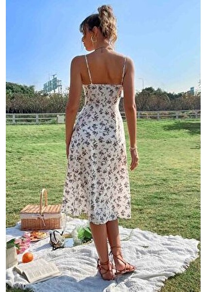 Çiçek Desenli Midi Elbise Kadın Askılı Yırtmaçlı Şık Tasarım Çok Renkli modelleri
