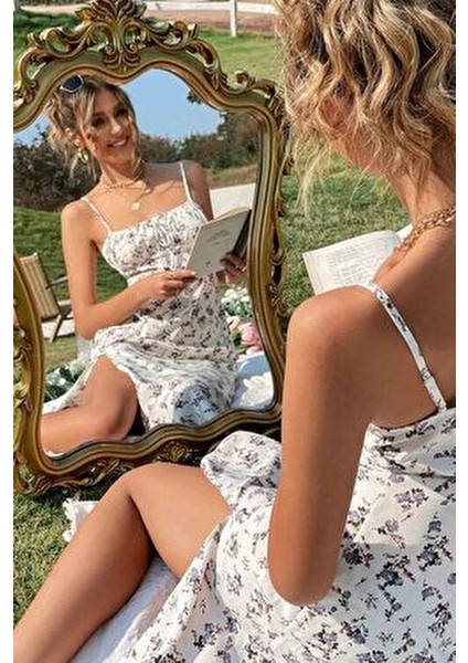 Çiçek Desenli Midi Elbise Kadın Askılı Yırtmaçlı Şık Tasarım Çok Renkli fırsatları