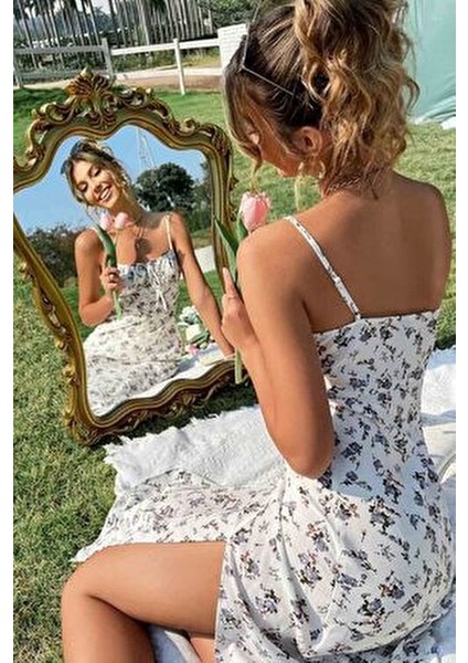 Çiçek Desenli Midi Elbise Kadın Askılı Yırtmaçlı Şık Tasarım Çok Renkli indirimleri