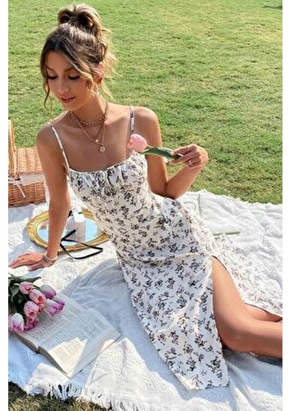 Çiçek Desenli Midi Elbise Kadın Askılı Yırtmaçlı Şık Tasarım Çok Renkli