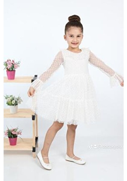 Çocuk Yolu Puantiyeli Tüllü Kız Çocuk Elbisesi Özel Günler İçin Şık Tasarım indirimleri