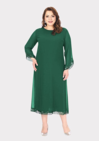 Lilas Abiye Elbise Büyük Beden Yeşil Renkli Uzun Kollu Özel Günler İçin