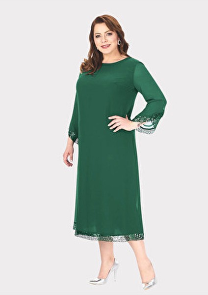 Lilas Abiye Elbise Büyük Beden Yeşil Renkli Uzun Kollu Özel Günler İçin fiyatları