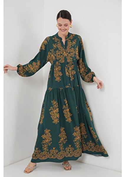 Otantik Desenli Kadın Elbise Kloş Silüet Trend Tarzı Gri Renkli