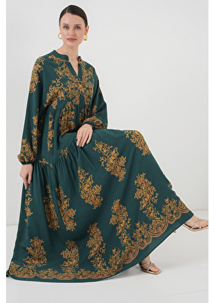 Otantik Desenli Kadın Elbise Kloş Silüet Trend Tarzı Gri Renkli fiyatları