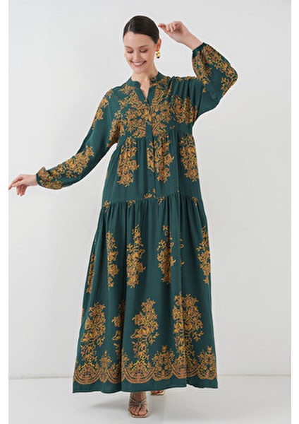 Otantik Desenli Kadın Elbise Kloş Silüet Trend Tarzı Gri Renkli modelleri