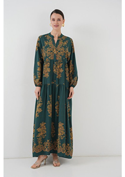 Otantik Desenli Kadın Elbise Kloş Silüet Trend Tarzı Gri Renkli fırsatları