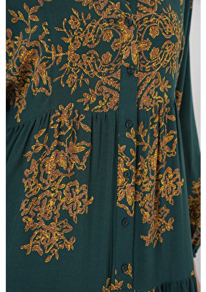 Otantik Desenli Kadın Elbise Kloş Silüet Trend Tarzı Gri Renkli