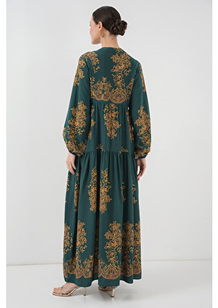 Otantik Desenli Kadın Elbise Kloş Silüet Trend Tarzı Gri Renkli