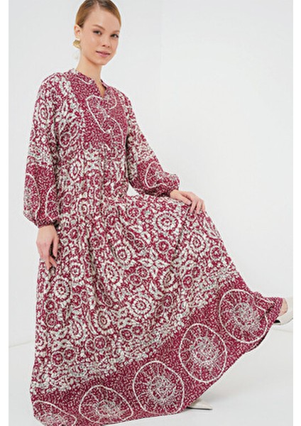 Otantik Desenli Kadın Tesettür Elbise Uzun Kol Kloş Stil 2423 E. Fuşya