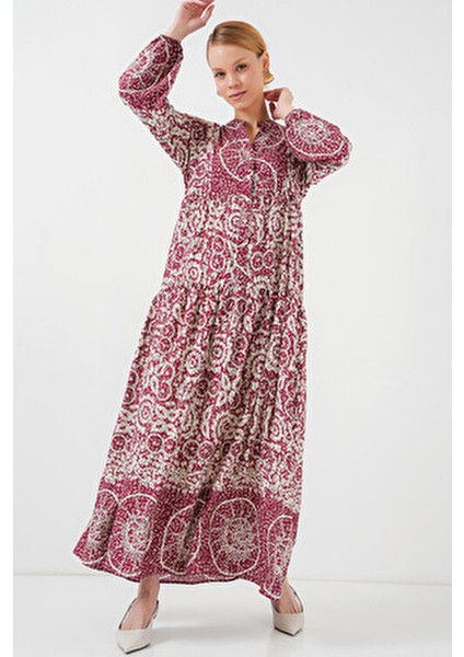 Otantik Desenli Kadın Tesettür Elbise Uzun Kol Kloş Stil 2423 E. Fuşya fiyatları
