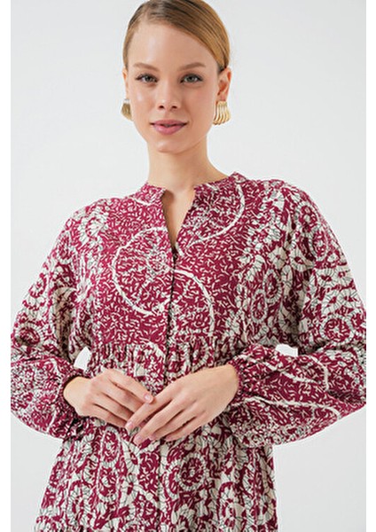 Otantik Desenli Kadın Tesettür Elbise Uzun Kol Kloş Stil 2423 E. Fuşya modelleri