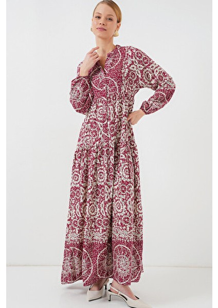 Otantik Desenli Kadın Tesettür Elbise Uzun Kol Kloş Stil 2423 E. Fuşya fırsatları
