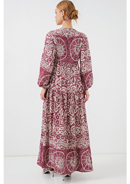 Otantik Desenli Kadın Tesettür Elbise Uzun Kol Kloş Stil 2423 E. Fuşya