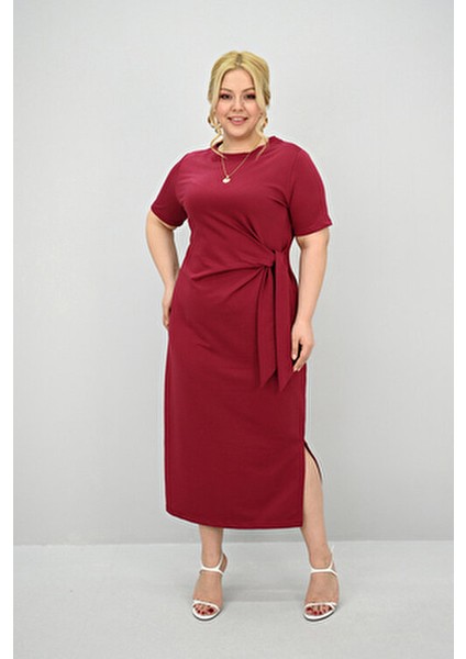 Kadın Büyük Beden Kısa Kollu Bel Bağlama Detaylı Elbise Şık ve Rahat 5303-25