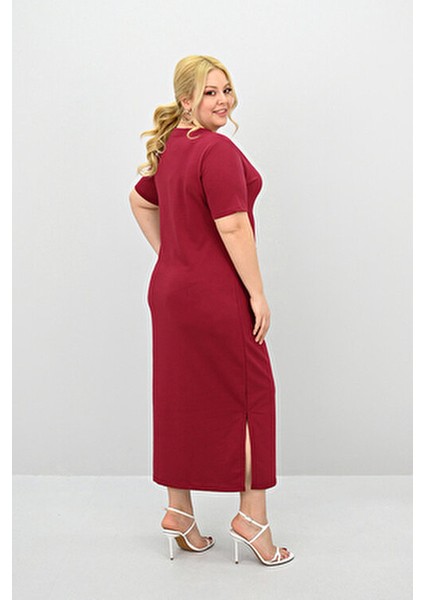 Kadın Büyük Beden Kısa Kollu Bel Bağlama Detaylı Elbise Şık ve Rahat 5303-25