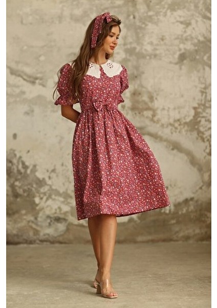 Vintage Fisto Yakalı Bordo Çiçekli Elbise Kadınlar İçin Özel Tasarım modelleri