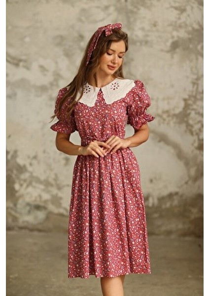 Vintage Fisto Yakalı Bordo Çiçekli Elbise Kadınlar İçin Özel Tasarım