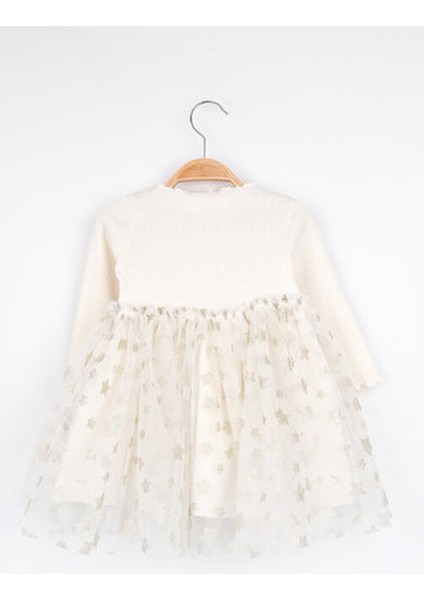 Kız Çocuk Elbisesi Ekru Yıldız Baskılı Tül Etekli Günlük ve Özel Günler İçin fırsatları