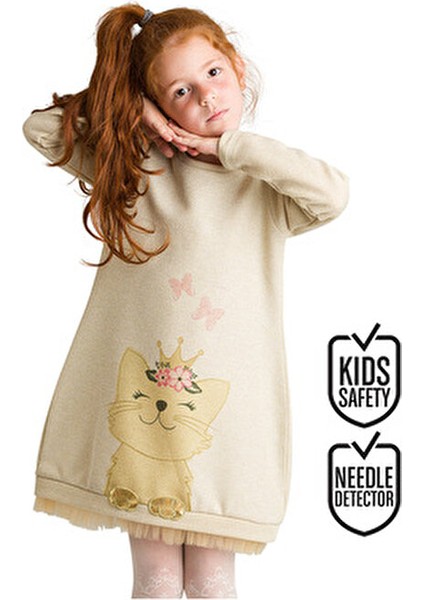 Kız Çocuk Cat Dream Elbise Günlük Stil Kısa Kesim Bisiklet Yaka