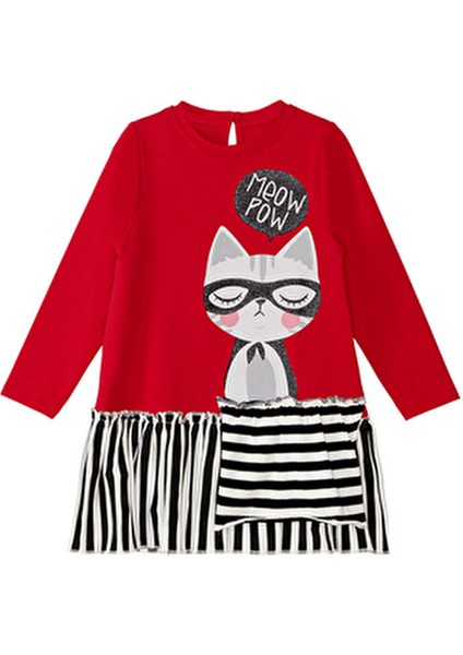 Kız Çocuk Elbisesi Meow Pow Kedi Baskılı Günlük Stil Kırmızı Renk modelleri