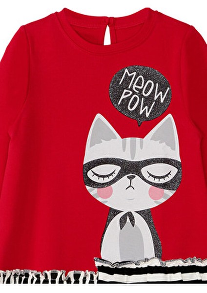 Kız Çocuk Elbisesi Meow Pow Kedi Baskılı Günlük Stil Kırmızı Renk indirimleri