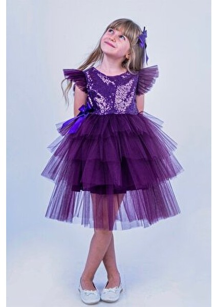 Buse & Eylül Kız Çocuk Parti Elbisesi Mor Renkli Tül Silüet Özel Günler İçin