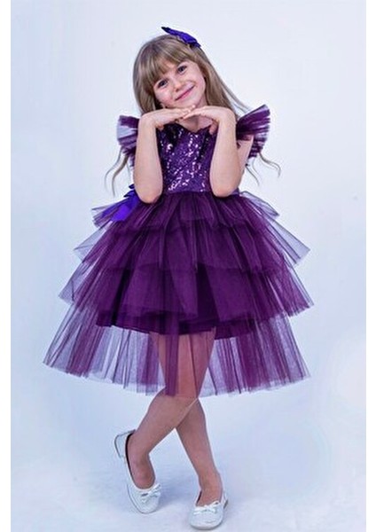 Buse & Eylül Kız Çocuk Parti Elbisesi Mor Renkli Tül Silüet Özel Günler İçin fiyatları