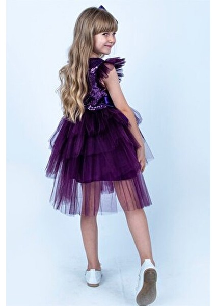 Buse & Eylül Kız Çocuk Parti Elbisesi Mor Renkli Tül Silüet Özel Günler İçin modelleri