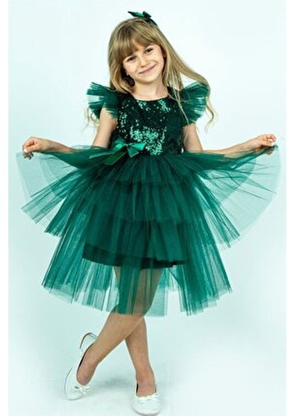 Buse & Eylül Kız Çocuk Parti Elbisesi Yeşil Pullu Şık Silüet Özel Günler İçin Tasarlandı