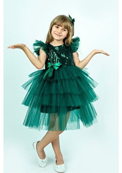 Buse & Eylül Kız Çocuk Parti Elbisesi Yeşil Pullu Şık Silüet Özel Günler İçin Tasarlandı fiyatları