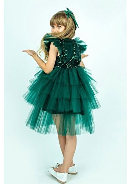 Buse & Eylül Kız Çocuk Parti Elbisesi Yeşil Pullu Şık Silüet Özel Günler İçin Tasarlandı modelleri