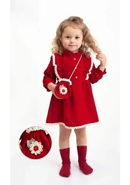 Kız Bebek Uzun Kol Elbise Papatya Desenli Çantalı Şık Tasarım