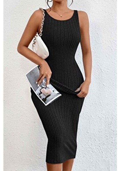 Siyah Tank Elbise Sırt Dekolteli Diz Altı Vücuda Oturan Günlük Stil fiyatları