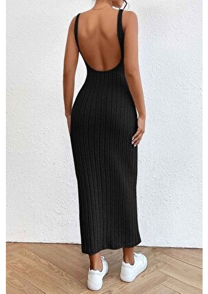 Siyah Tank Elbise Sırt Dekolteli Diz Altı Vücuda Oturan Günlük Stil fırsatları