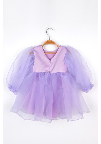 Lila Uzun Kollu Organze Kız Çocuk Parti Elbisesi - Sage modelleri